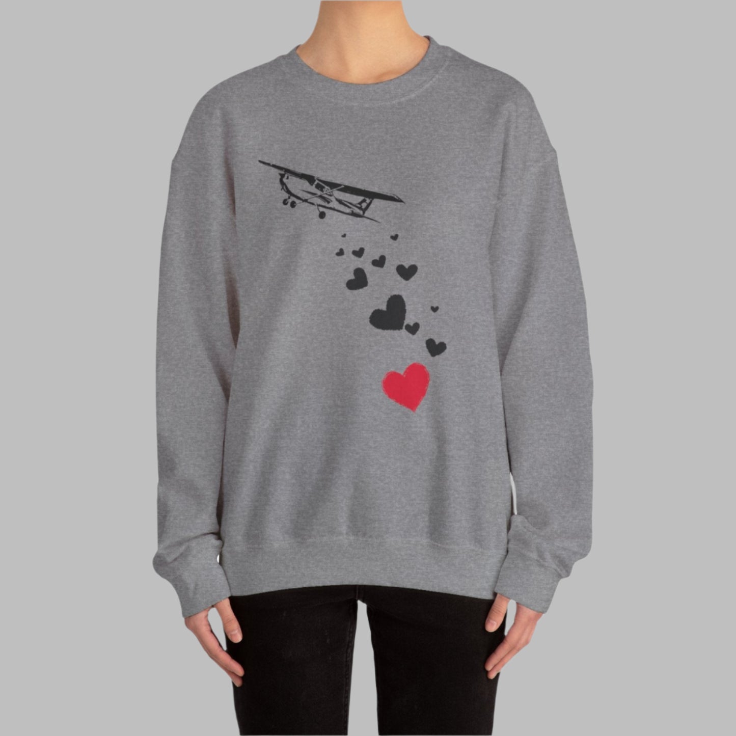 model wearing airplane sweatshirt