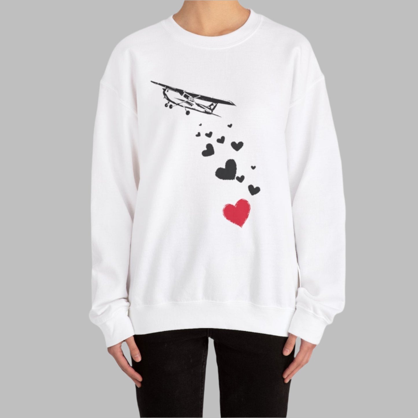 model wearing airplane sweatshirt