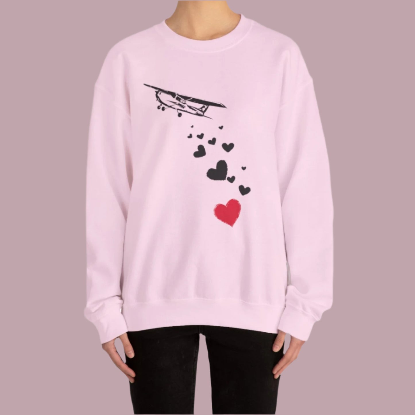 model wearing airplane sweatshirt