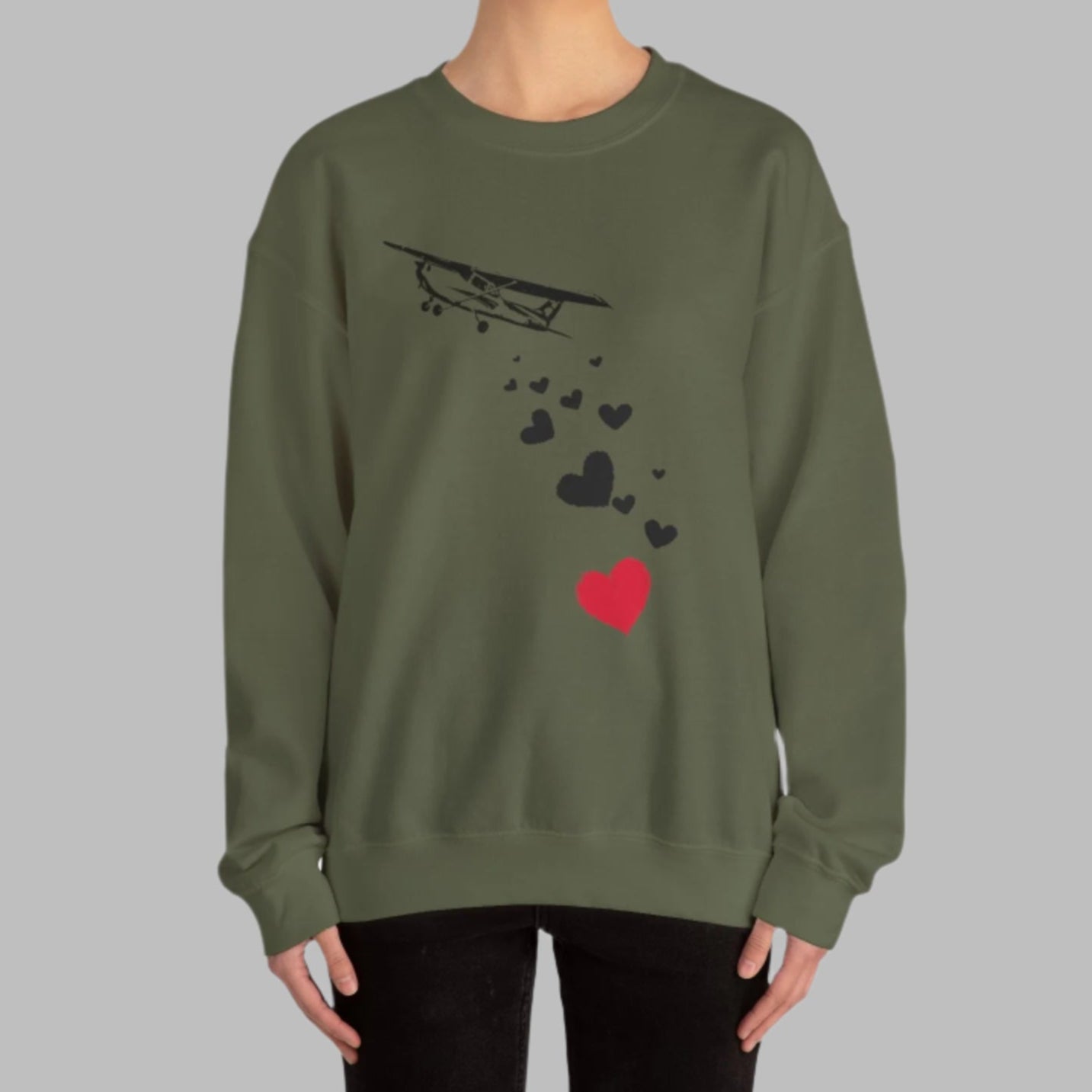 model wearing airplane sweatshirt