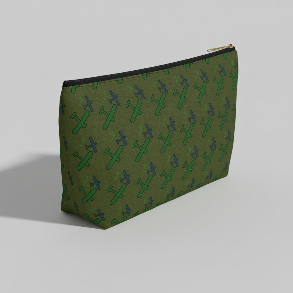 Green pouch with airplane pattern on a white background
