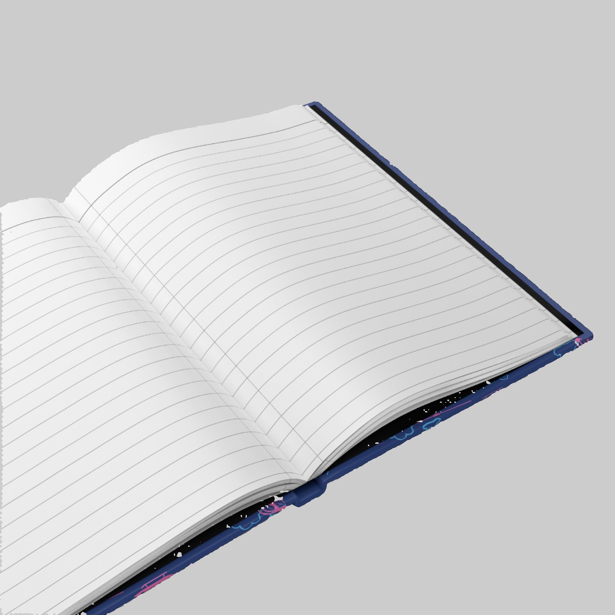 Open notebook with lined pages on a white background