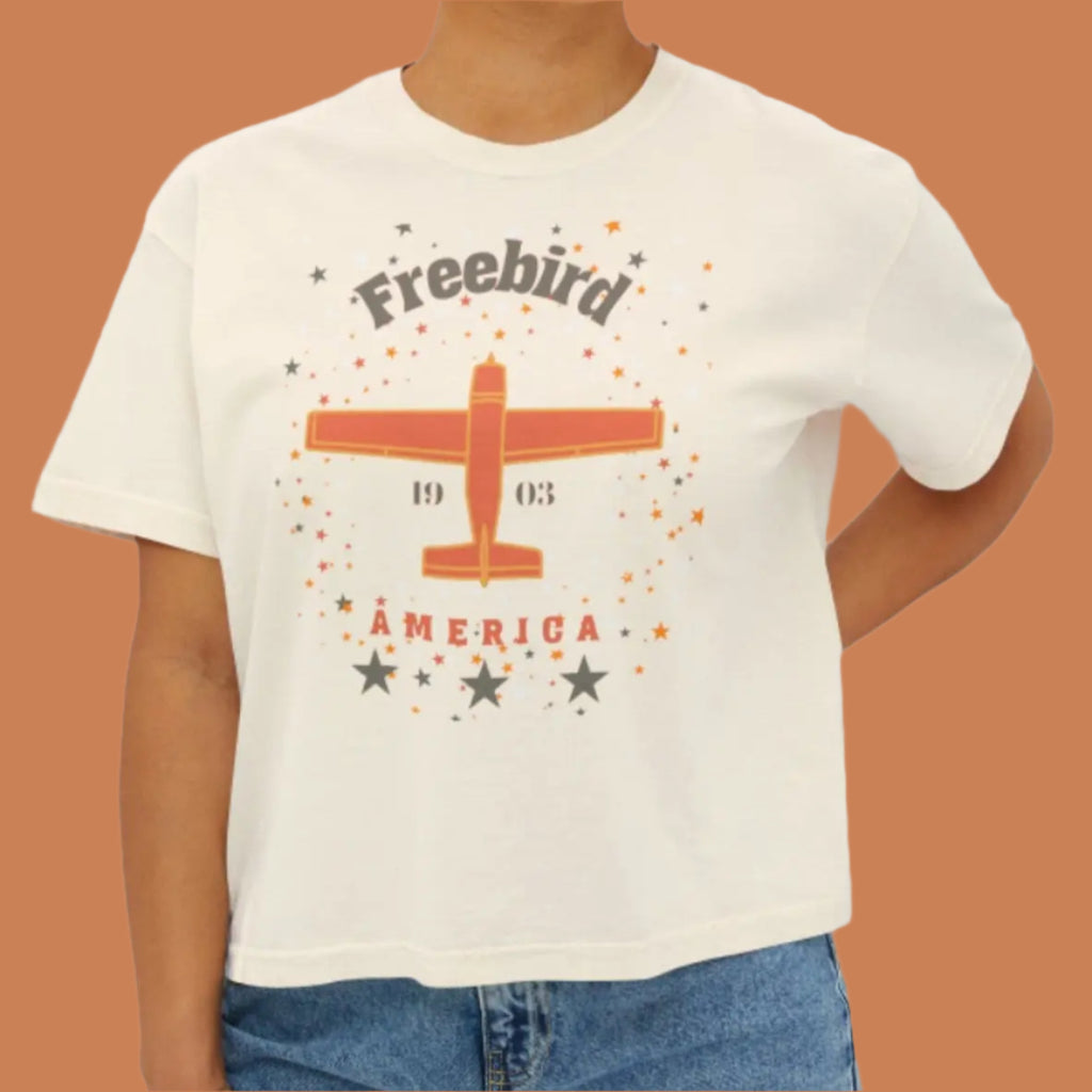 Cropped tee shirt with vintage airpane graphic and words Freebird America